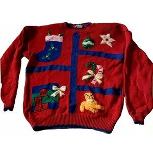 Vintage Jordache Red Christmas Sweater With Holiday Decorations & Blue Accents